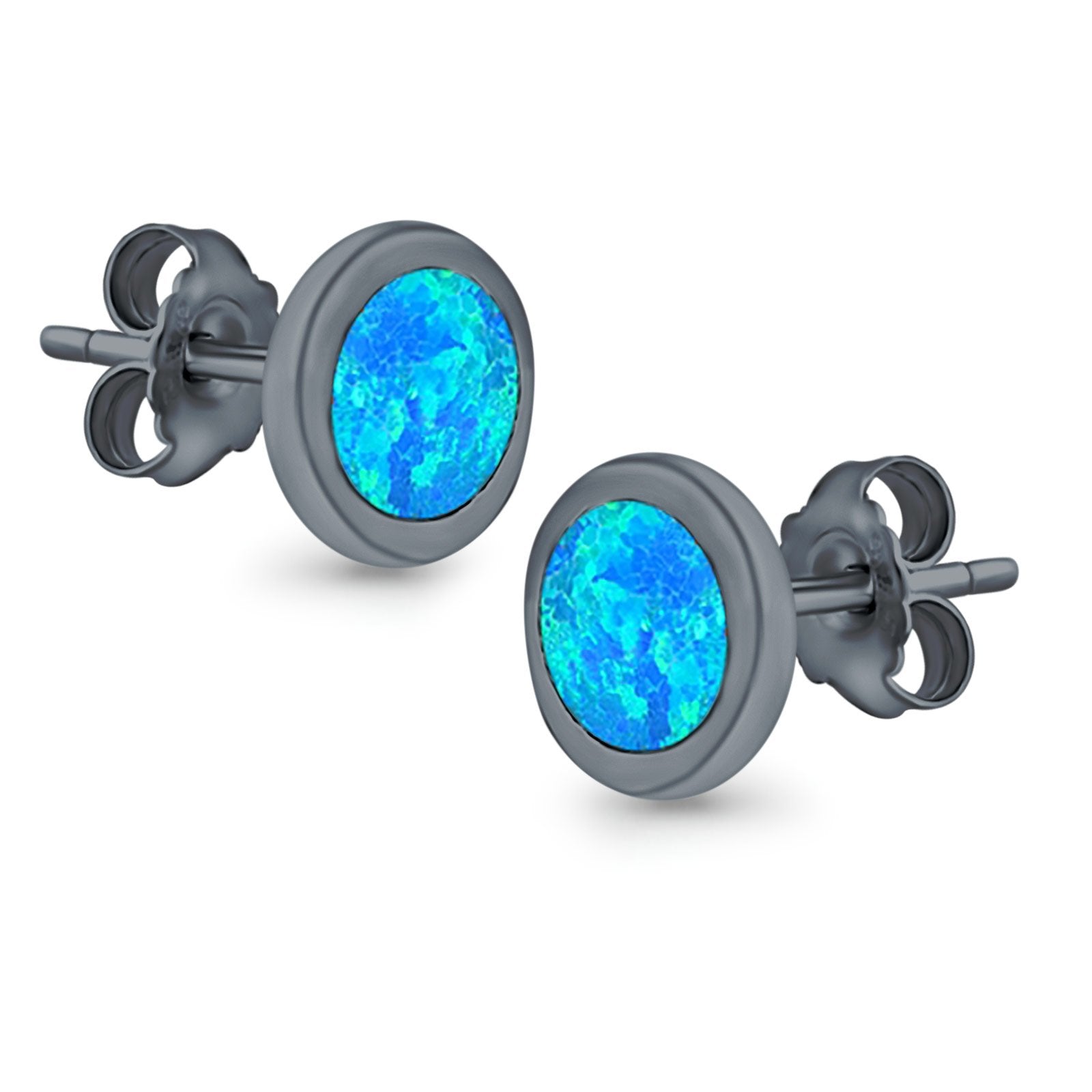 Round Stud Earrings Lab Created Opal 925 Sterling Silver (7mm)