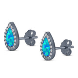 Halo Pear Stud Earring Simulated Cubic Zirconia Created Opal Solid 925 Sterling Silver (11mm)