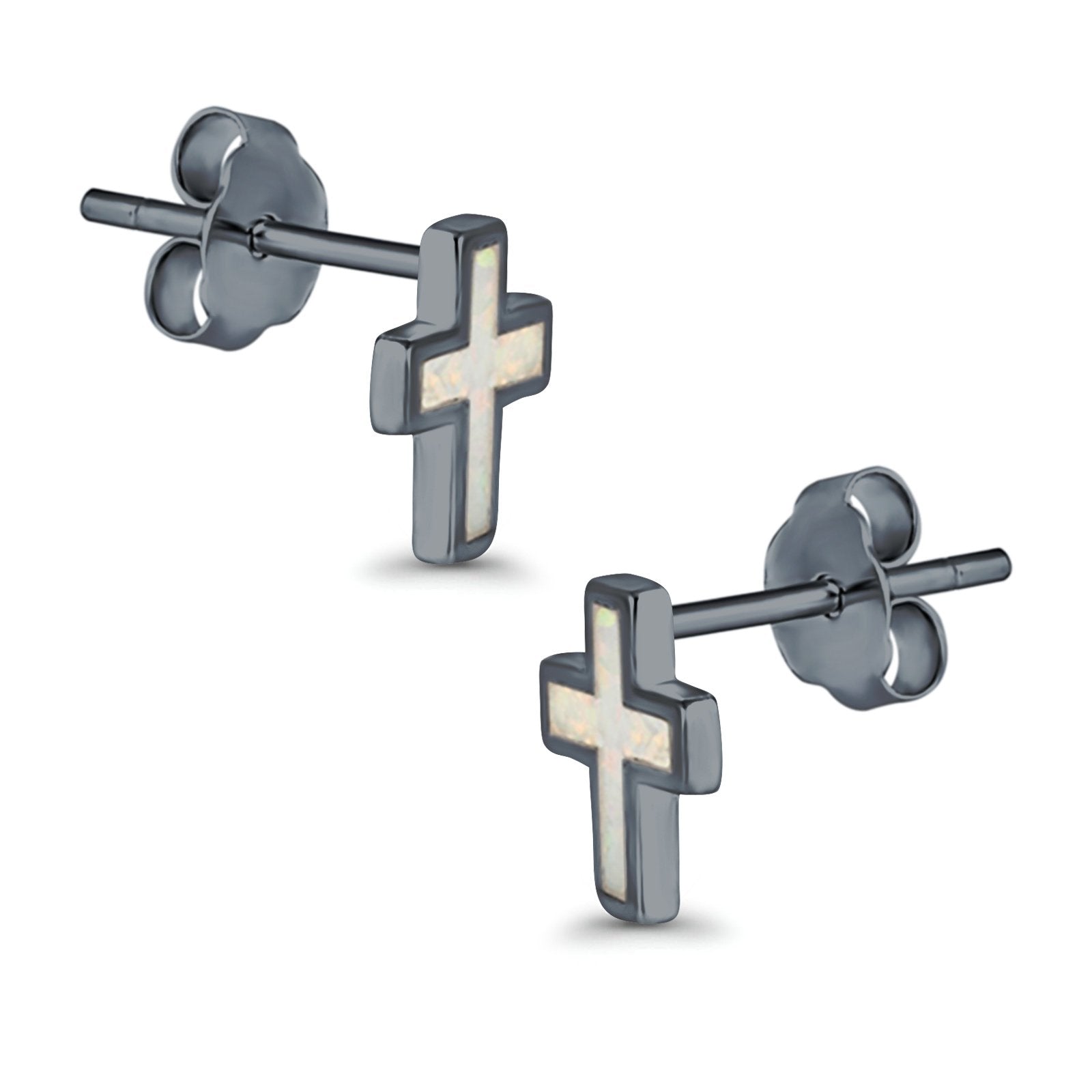 Cross Stud Earrings Lab Created Opal 925 Sterling Silver (14mm)