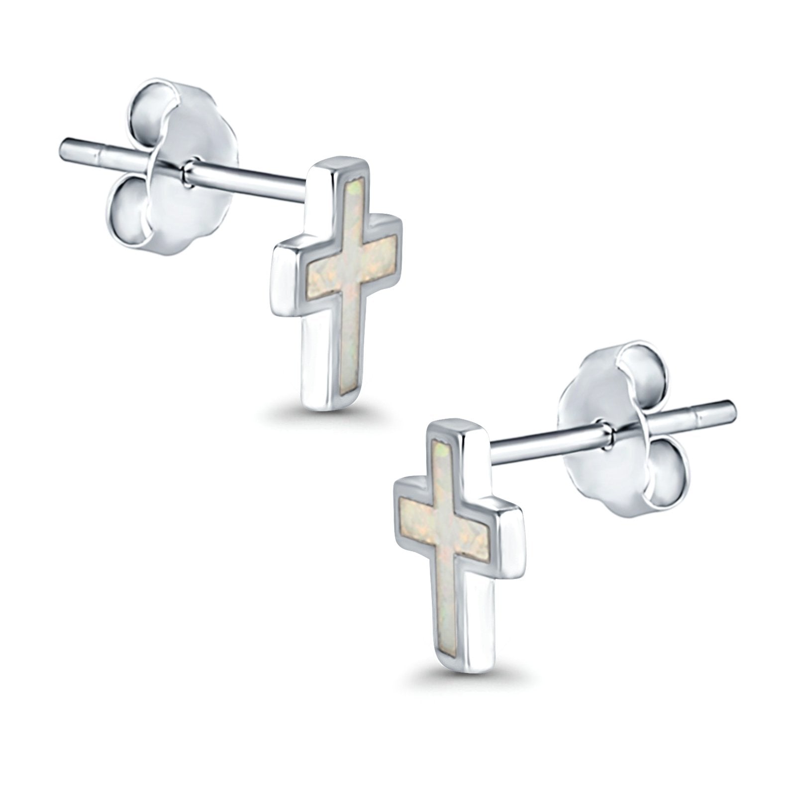 Cross Stud Earrings Lab Created Opal 925 Sterling Silver (14mm)