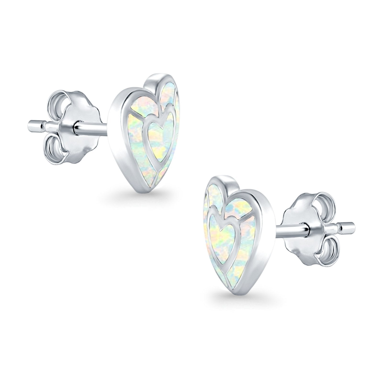 Heart Stud Earrings Lab Created Opal 925 Sterling Silver (15mm)