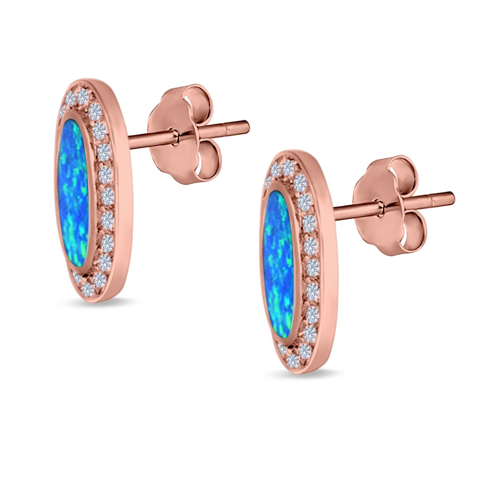 Halo Oval Stud Earrings Created Opal 925 Sterling Silver (16mm)