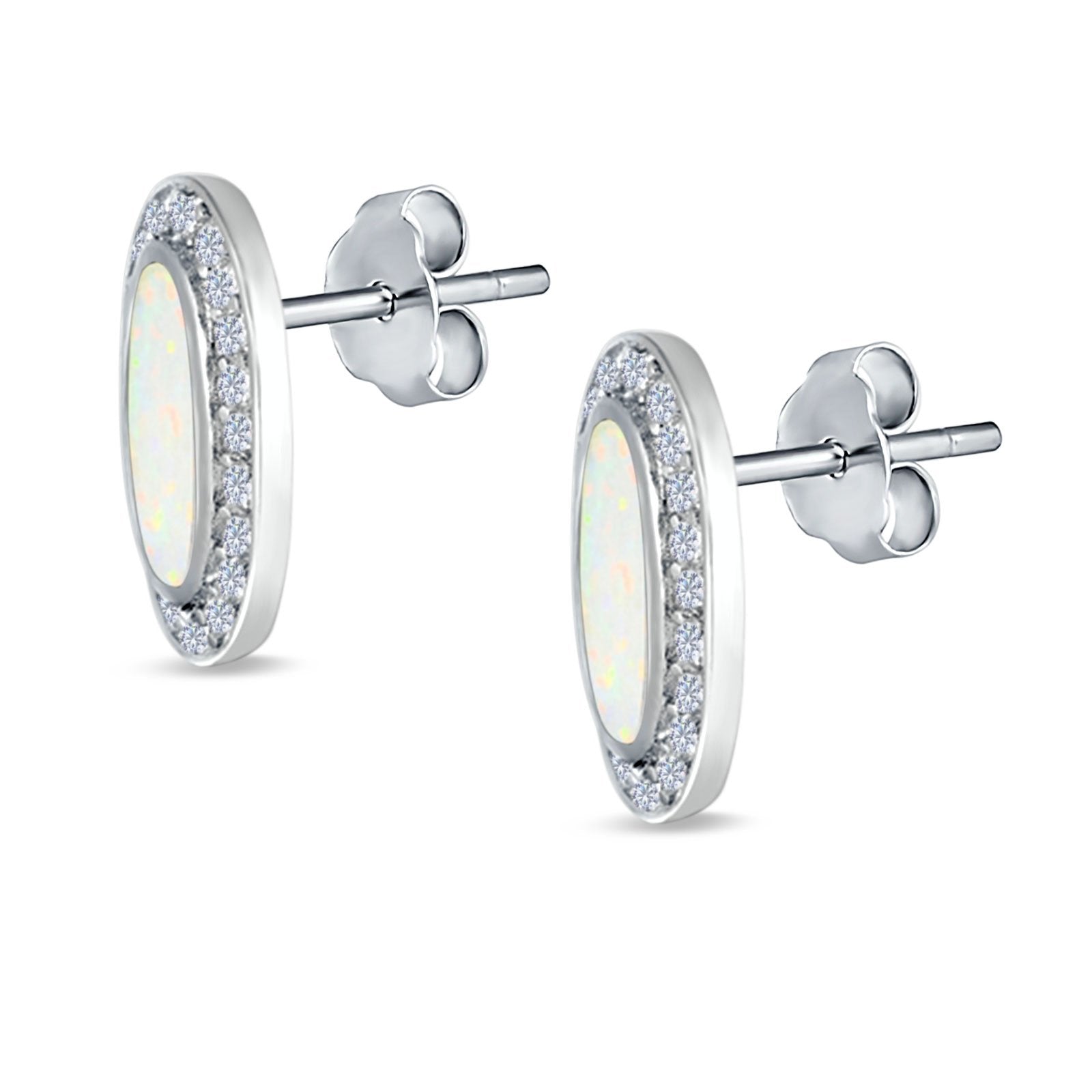 Halo Oval Stud Earrings Created Opal 925 Sterling Silver (16mm)