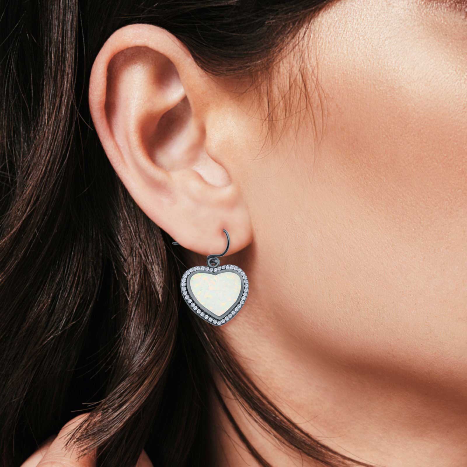 Drop Dangle Halo Heart Earrings Created Opal 925 Sterling Silver(15mm)