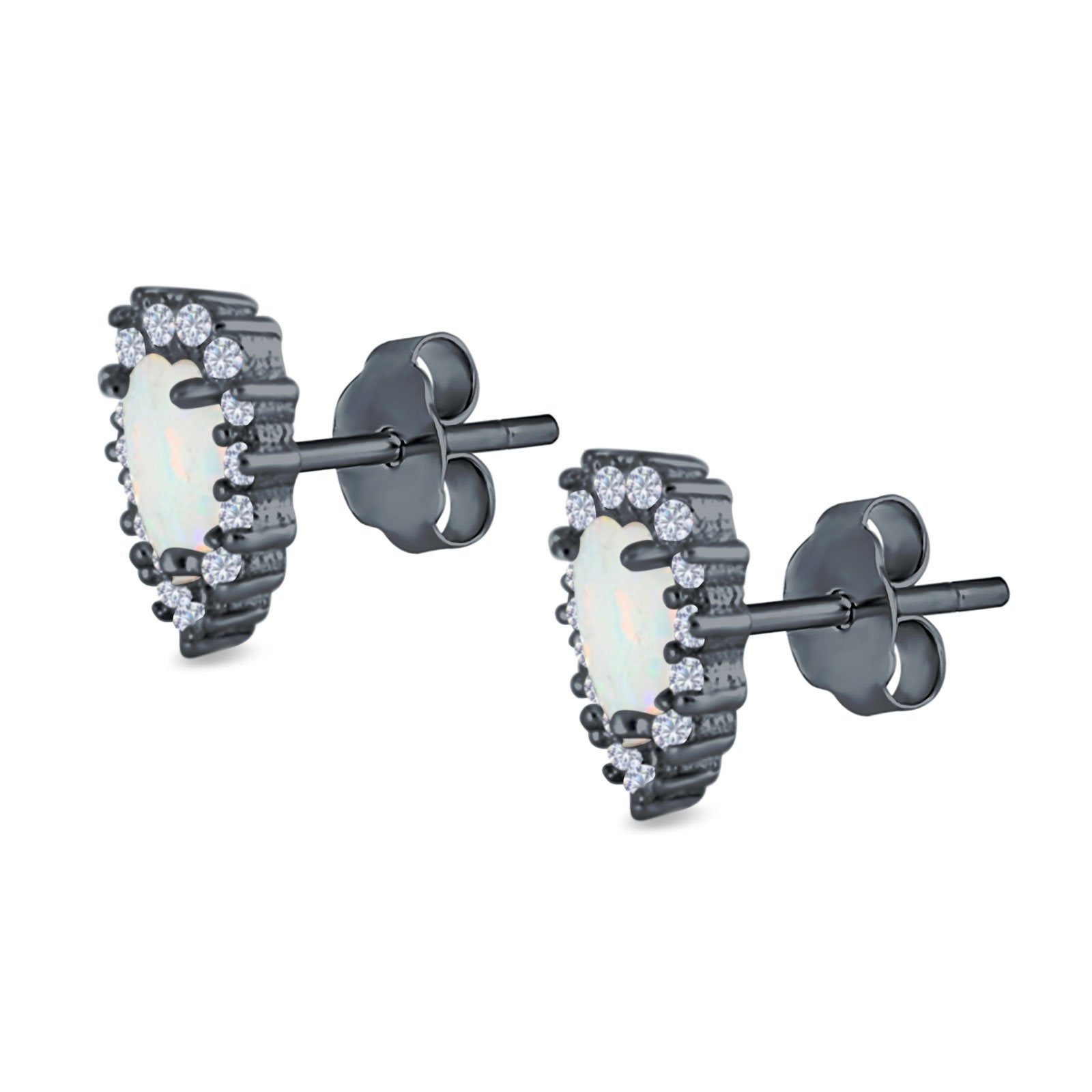 Halo Art Deco Heart Stud Earrings Created Opal 925 Sterling Silver (12mm)