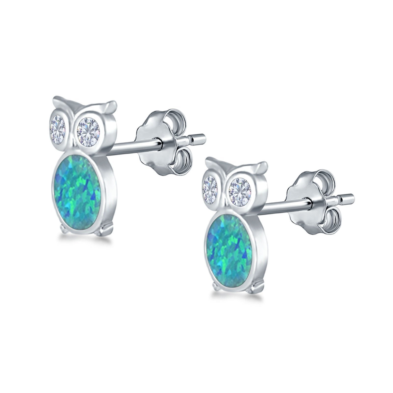 Owl Stud Earrings Lab Created Opal 925 Sterling Silver
