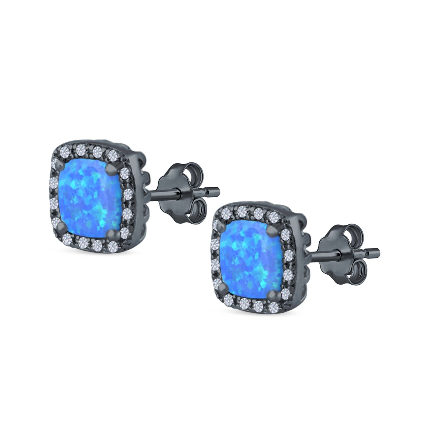 Halo Princess Cut Stud Earrings Created Opal 925 Sterling Silver