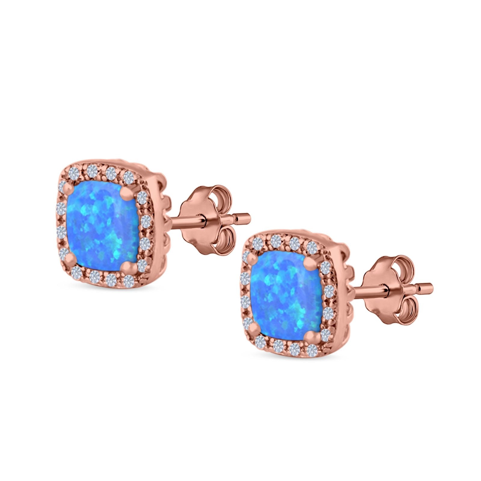 Halo Princess Cut Stud Earrings Created Opal 925 Sterling Silver