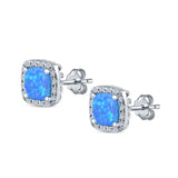Halo Princess Cut Stud Earrings Created Opal 925 Sterling Silver