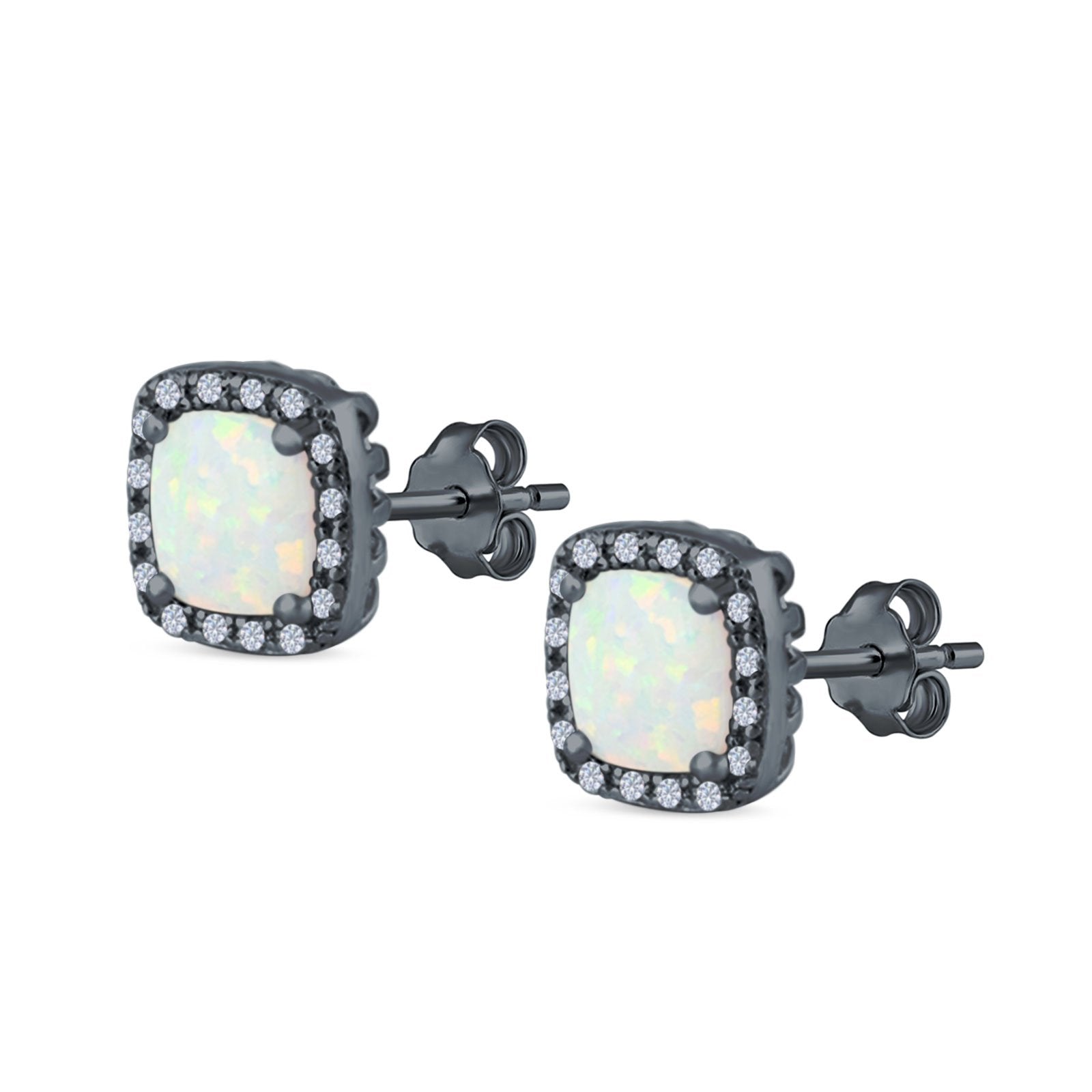 Halo Princess Cut Stud Earrings Created Opal 925 Sterling Silver