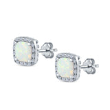 Halo Princess Cut Stud Earrings Created Opal 925 Sterling Silver
