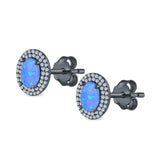 Double Halo Stud Earrings Oval Lab Created Opal 925 Sterling Silver