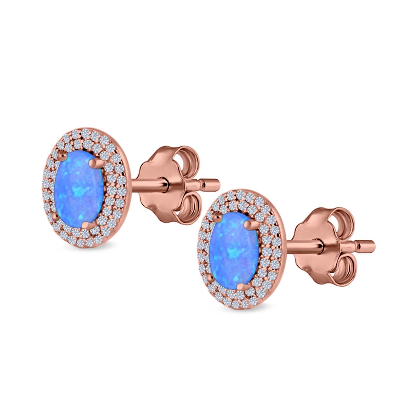 Double Halo Stud Earrings Oval Lab Created Opal 925 Sterling Silver