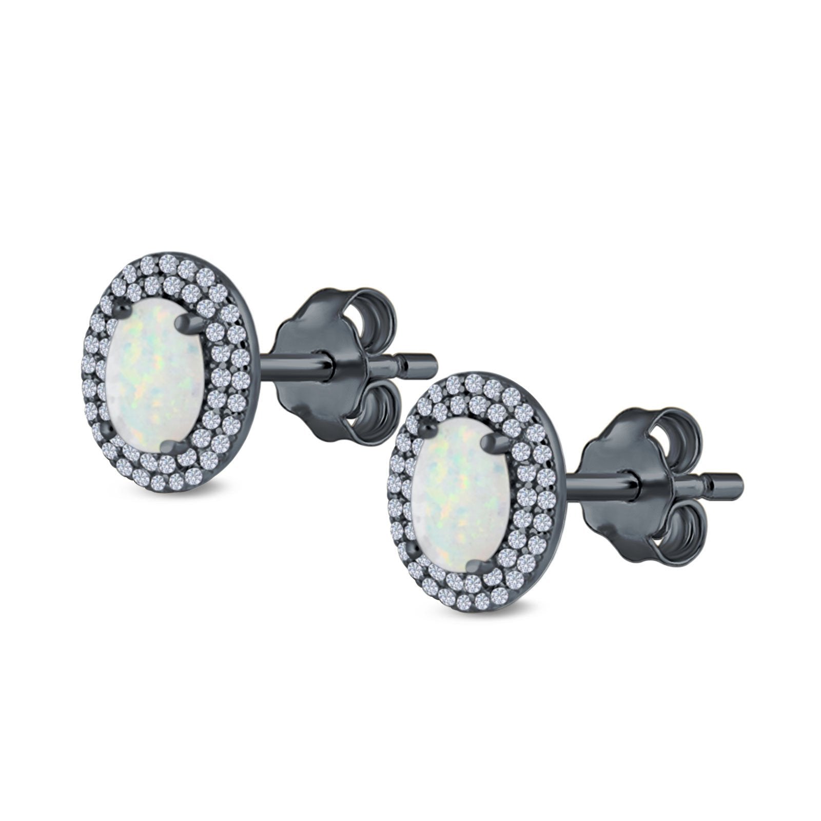 Double Halo Stud Earrings Oval Lab Created Opal 925 Sterling Silver