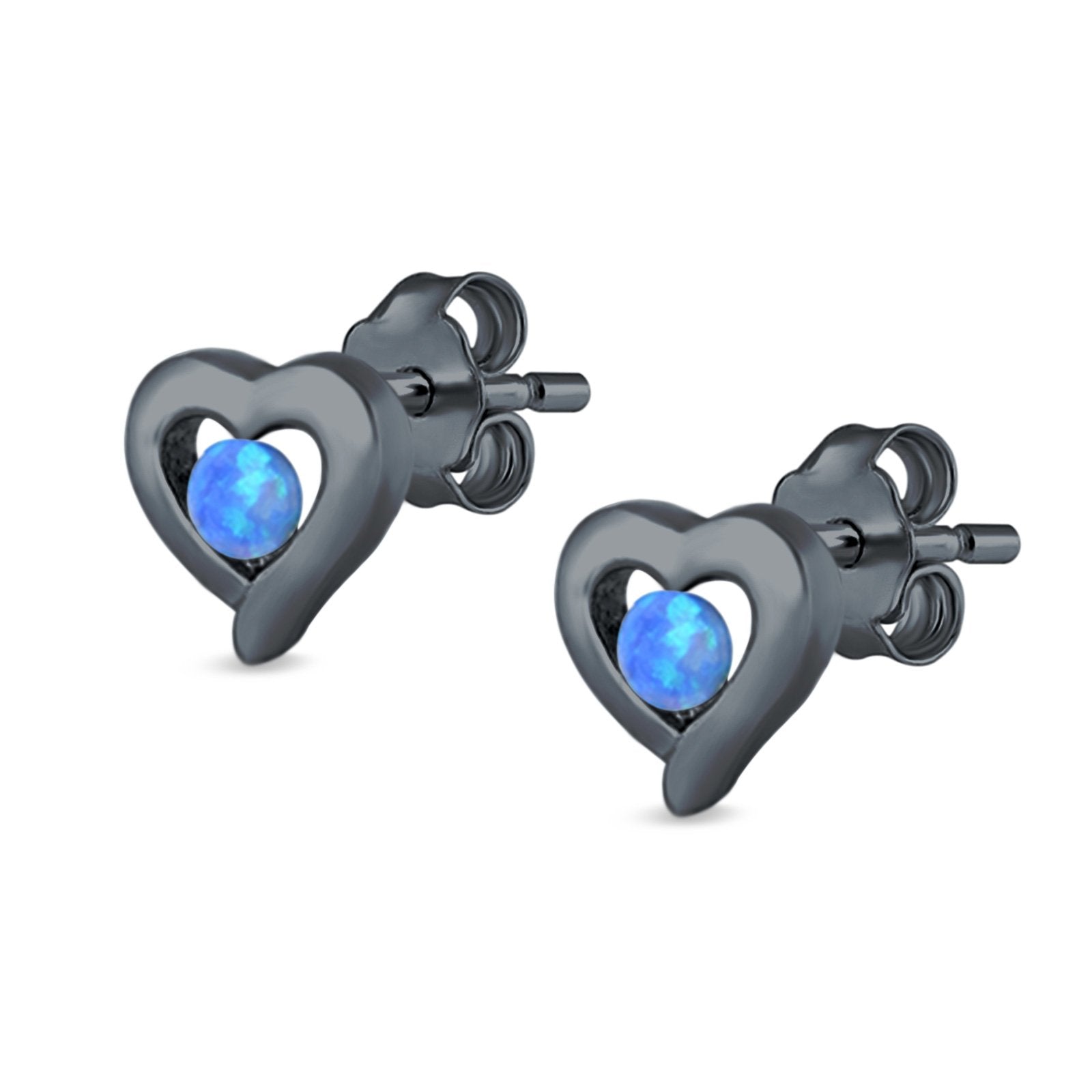 Heart Stud Earrings Round Lab Created Opal 925 Sterling Silver