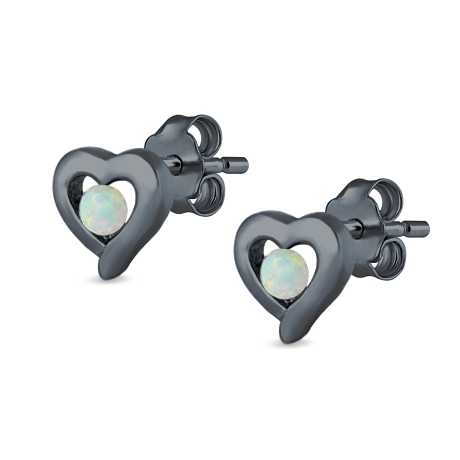 Heart Stud Earrings Round Lab Created Opal 925 Sterling Silver