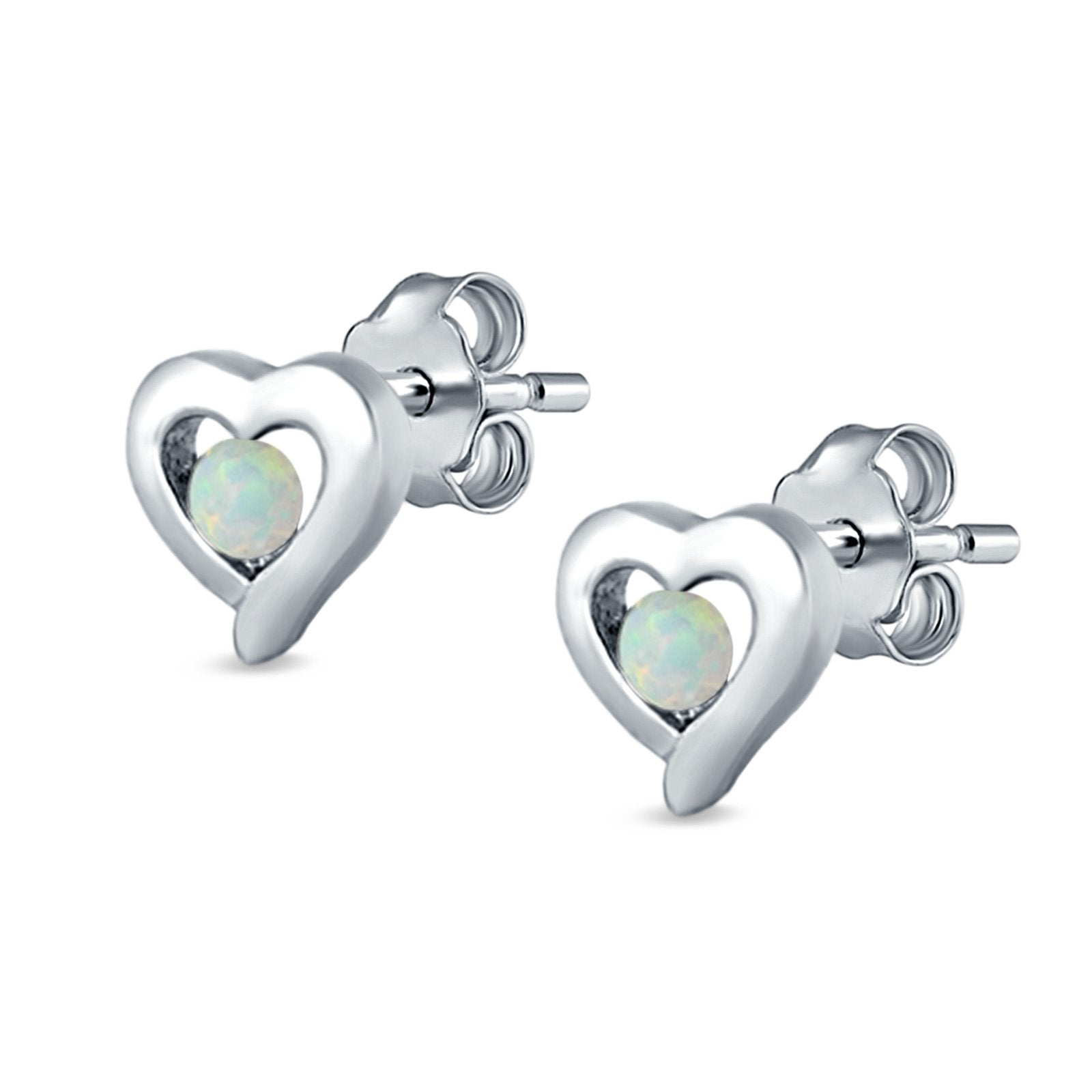 Heart Stud Earrings Round Lab Created Opal 925 Sterling Silver