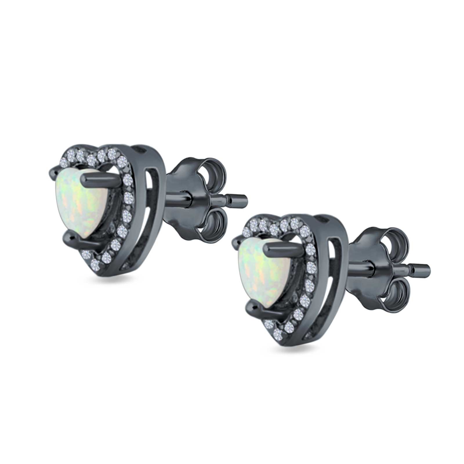 Halo Heart Stud Earrings Lab Created Opal 925 Sterling Silver