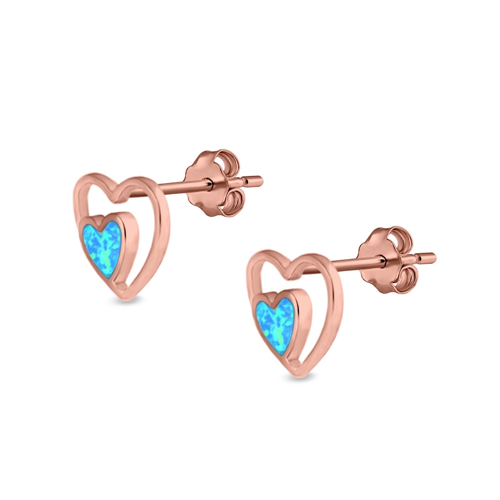 Double Hearts Stud Earrings Lab Created Opal 925 Sterling Silver (9mm)
