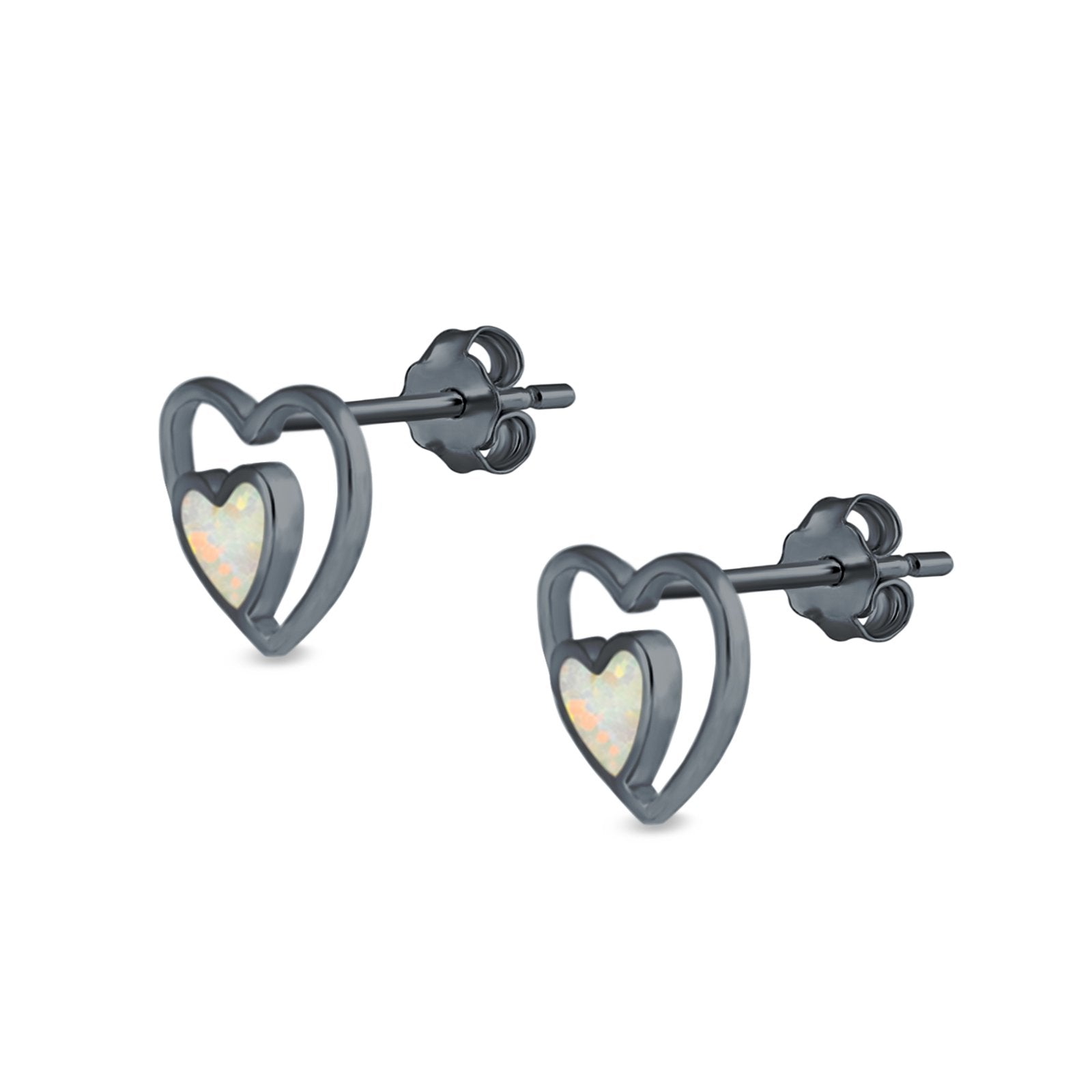 Double Hearts Stud Earrings Lab Created Opal 925 Sterling Silver (9mm)
