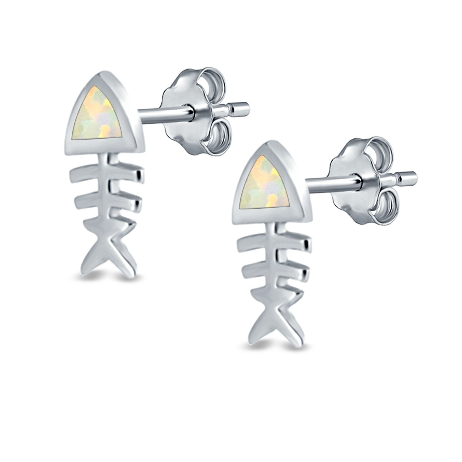 Fish Stud Earrings Lab Created Opal 925 Sterling Silver (10mm)