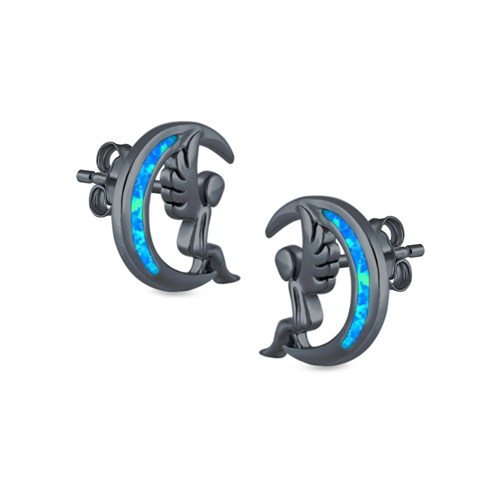 Moon & Angel Stud Earrings Lab Created Opal 925 Sterling Silver (10.5mm)