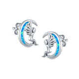Moon & Angel Stud Earrings Lab Created Opal 925 Sterling Silver (10.5mm)