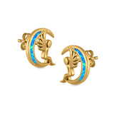 Moon & Angel Stud Earrings Lab Created Opal 925 Sterling Silver (10.5mm)