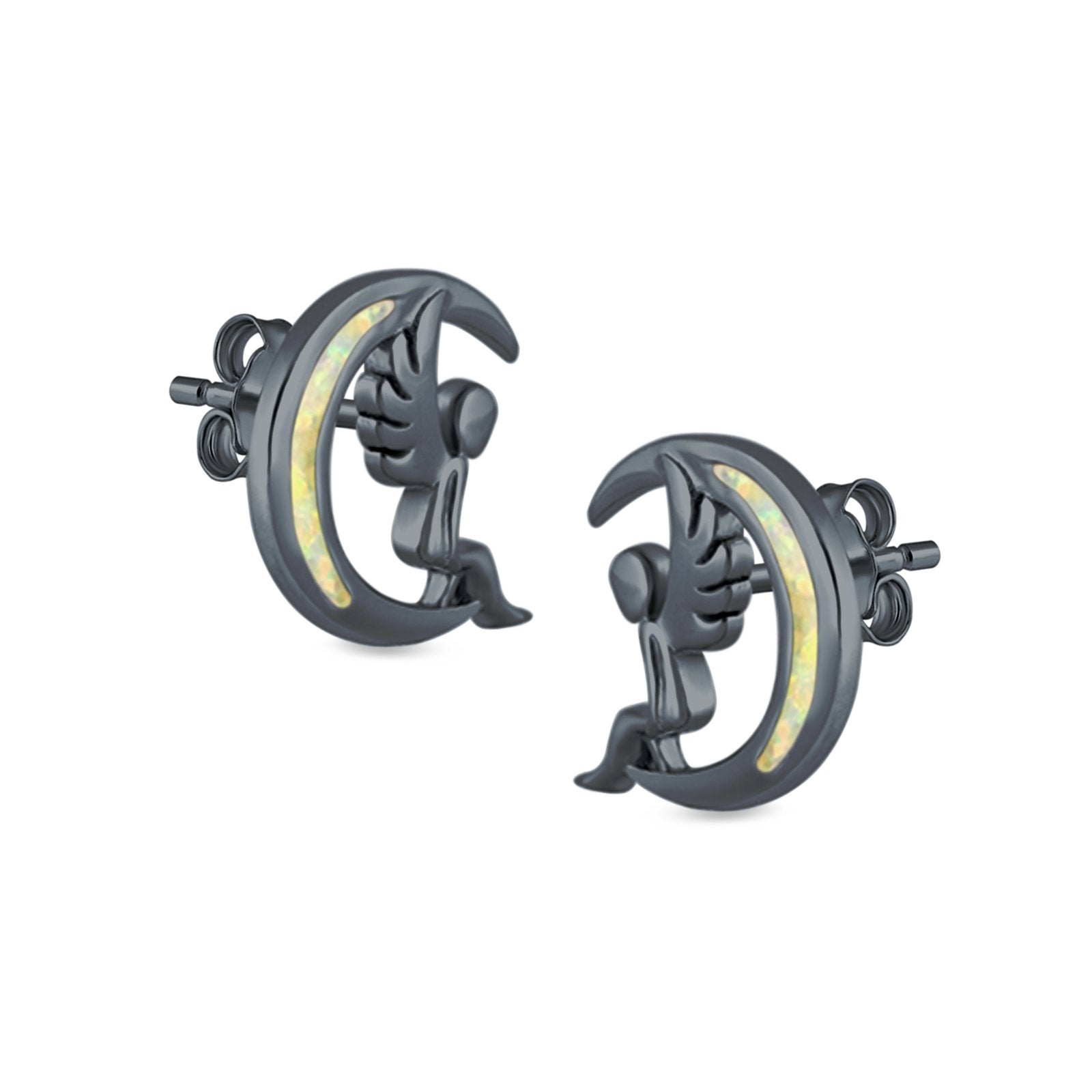 Moon & Angel Stud Earrings Lab Created Opal 925 Sterling Silver (10.5mm)