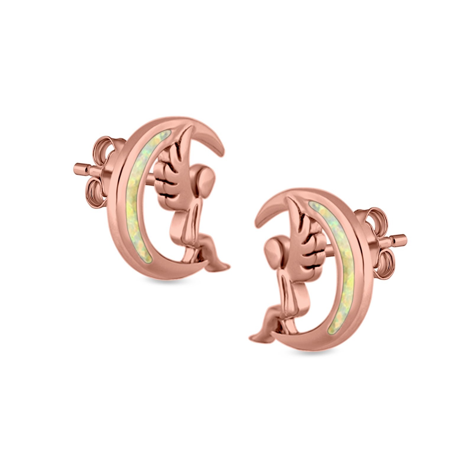 Moon & Angel Stud Earrings Lab Created Opal 925 Sterling Silver (10.5mm)