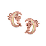 Moon & Angel Stud Earrings Lab Created Opal 925 Sterling Silver (10.5mm)