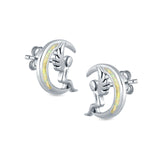 Moon & Angel Stud Earrings Lab Created Opal 925 Sterling Silver (10.5mm)
