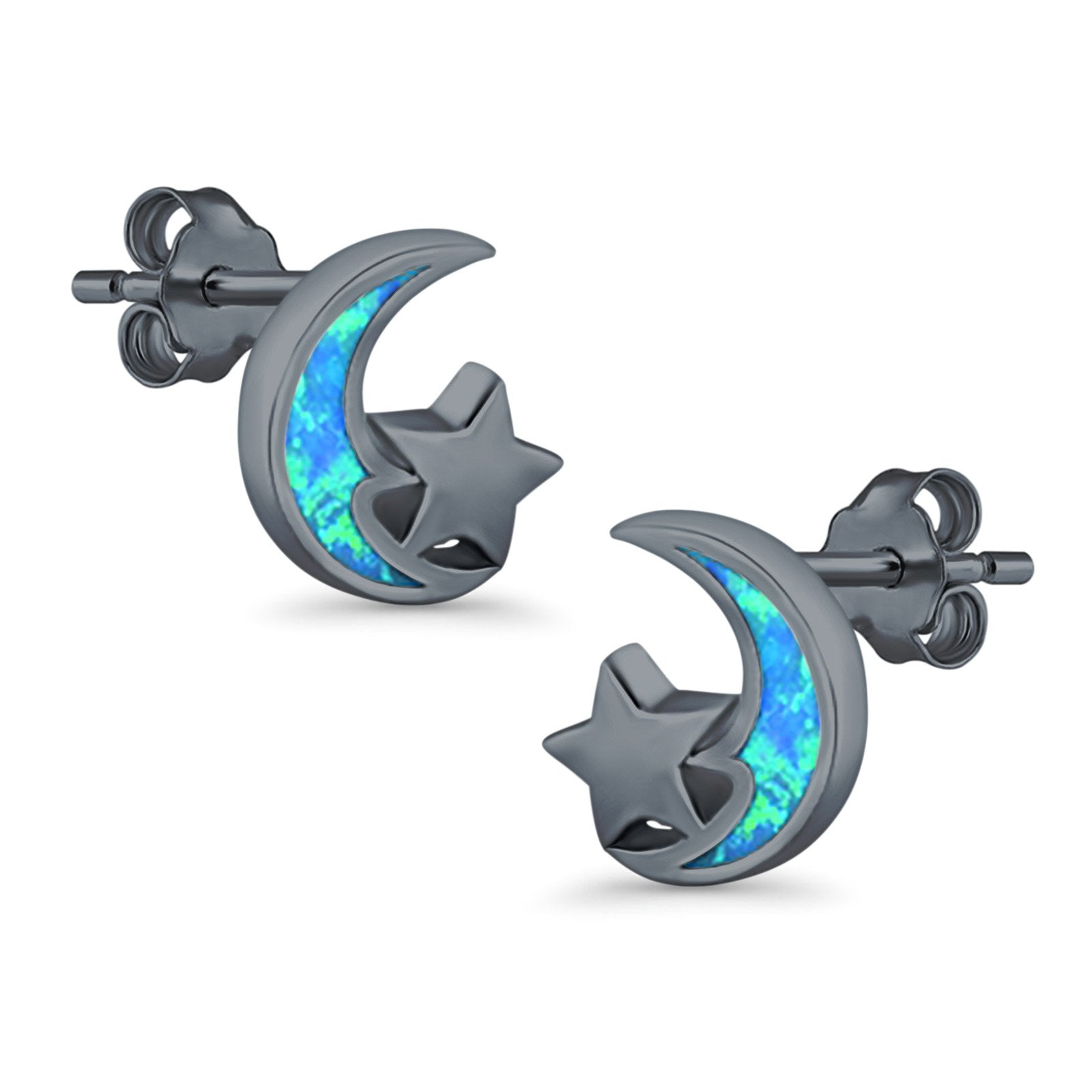Moon & Star Stud Earrings Created Opal 925 Sterling Silver (8mm)