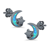 Moon & Star Stud Earrings Created Opal 925 Sterling Silver (8mm)