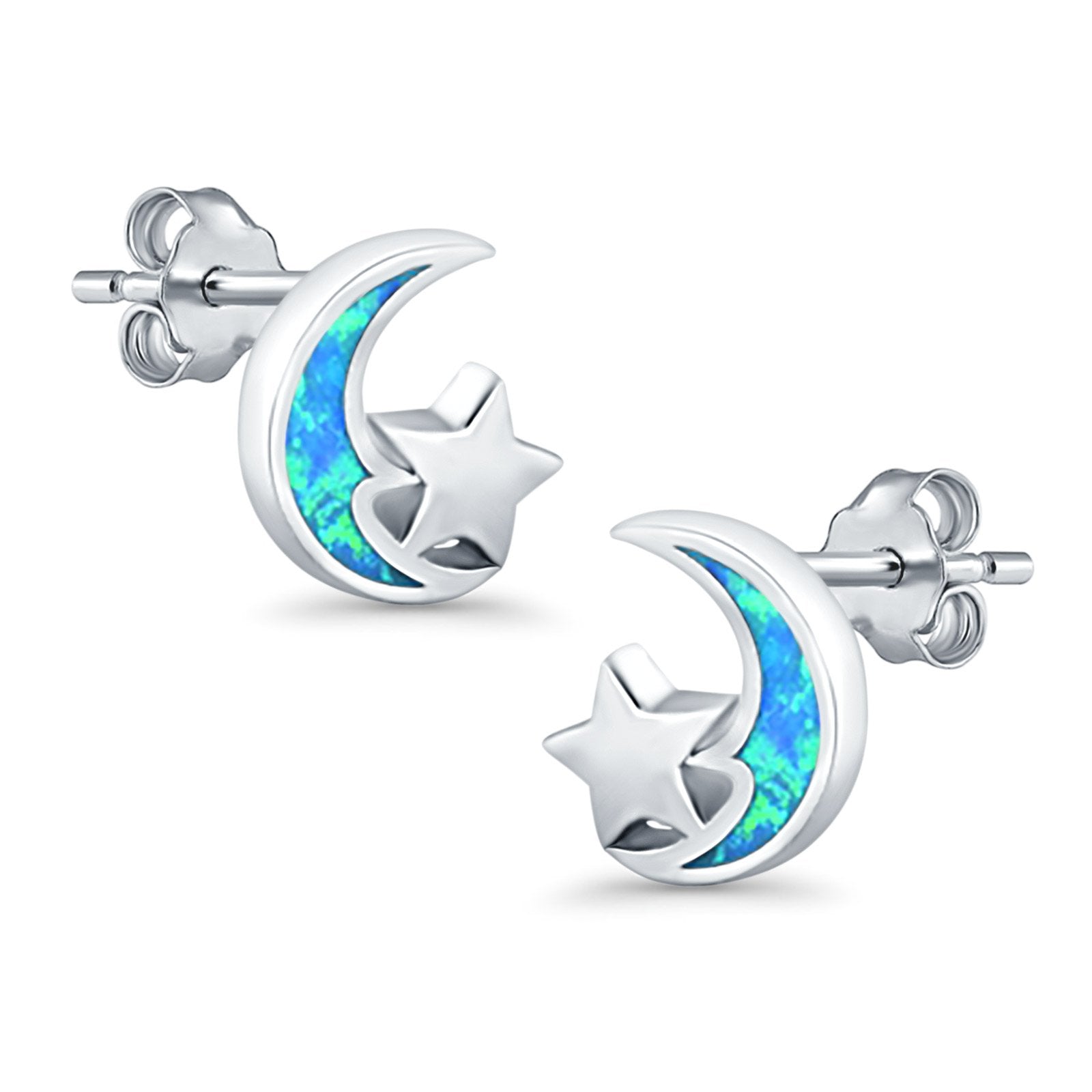 Moon & Star Stud Earrings Created Opal 925 Sterling Silver (8mm)