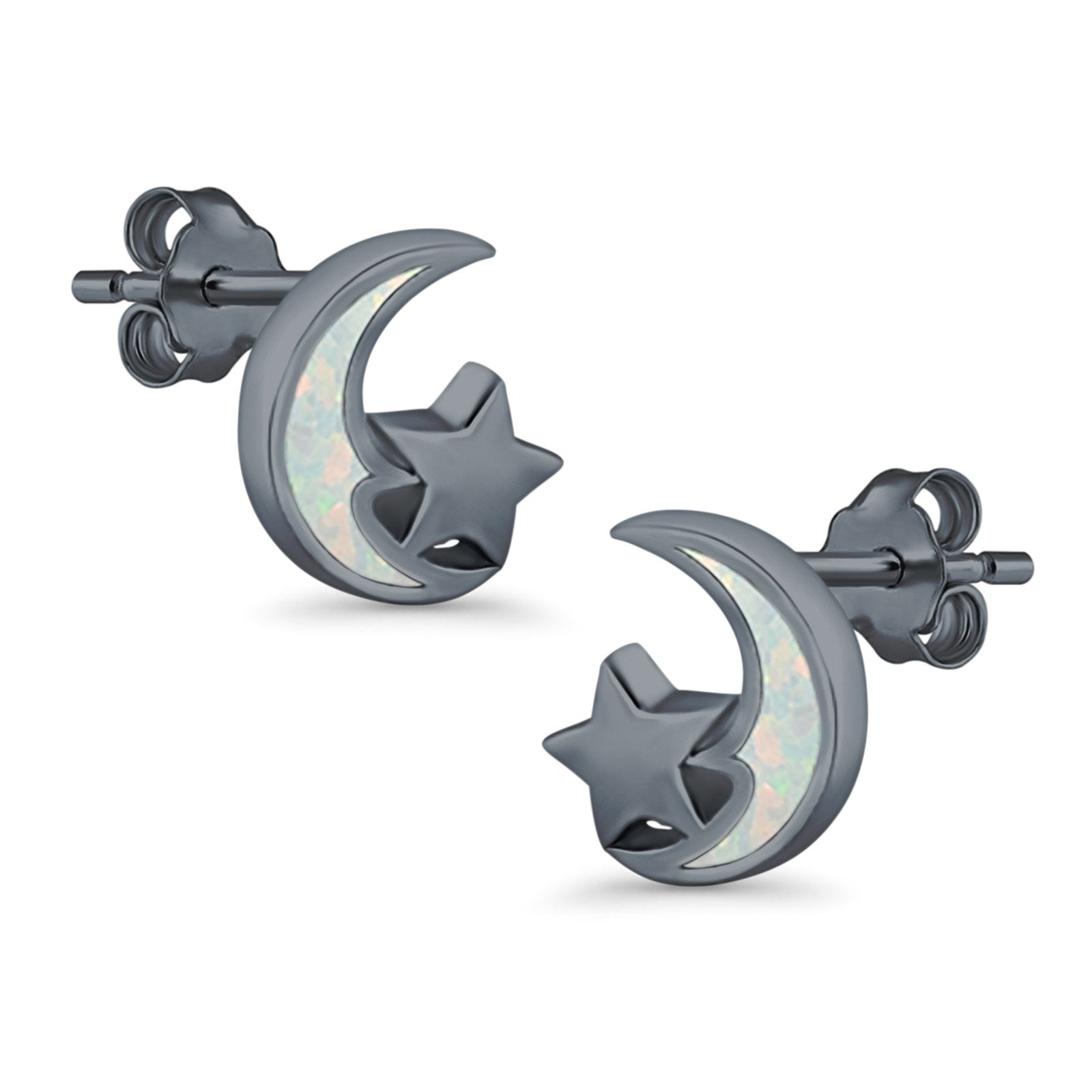 Moon & Star Stud Earrings Created Opal 925 Sterling Silver (8mm)