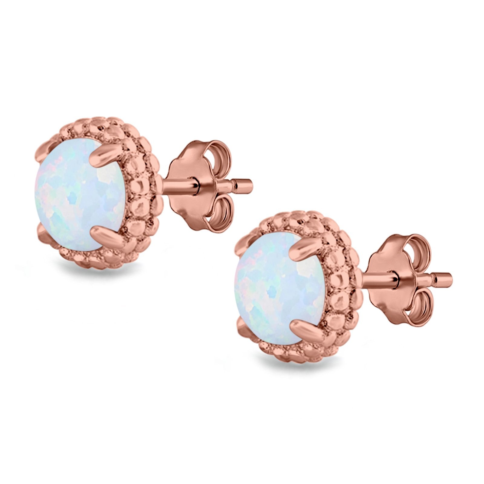 Round Stud Earrings Lab Created Opal 925 Sterling Silver (7mm)