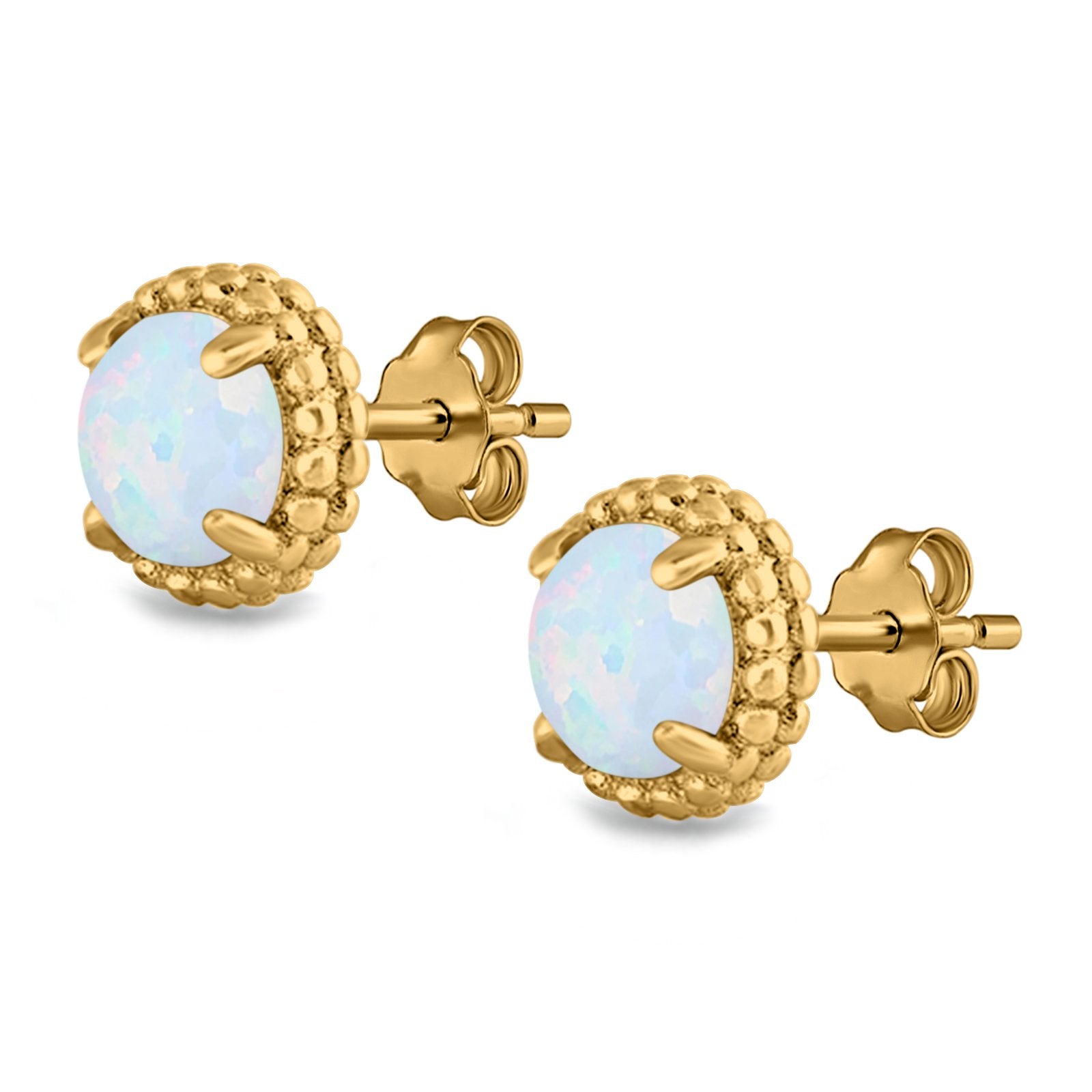 Round Stud Earrings Lab Created Opal 925 Sterling Silver (7mm)
