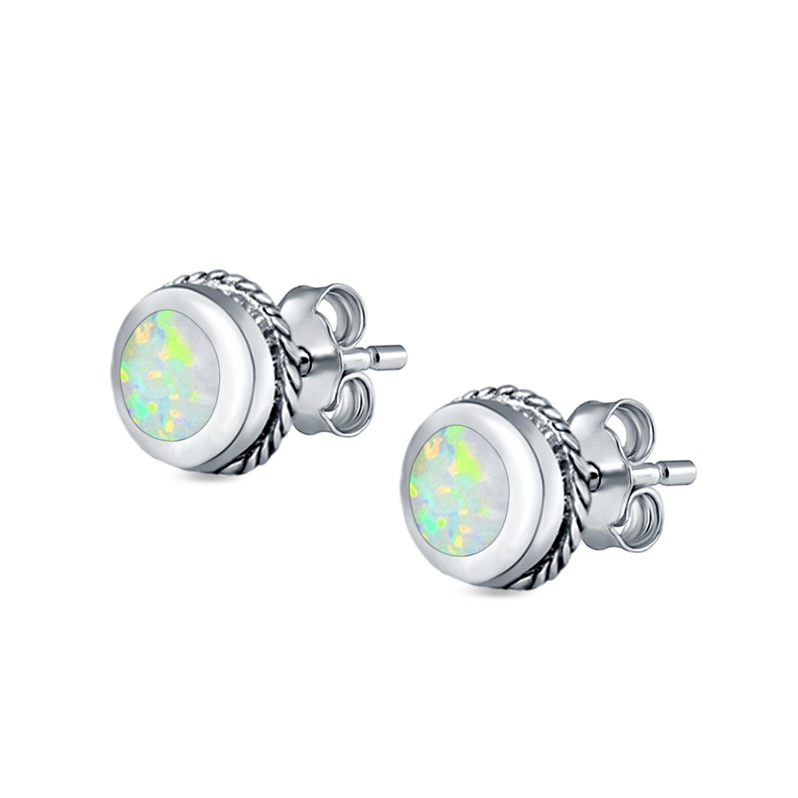 Round Stud Earrings Lab Created Opal 925 Sterling Silver (7mm)