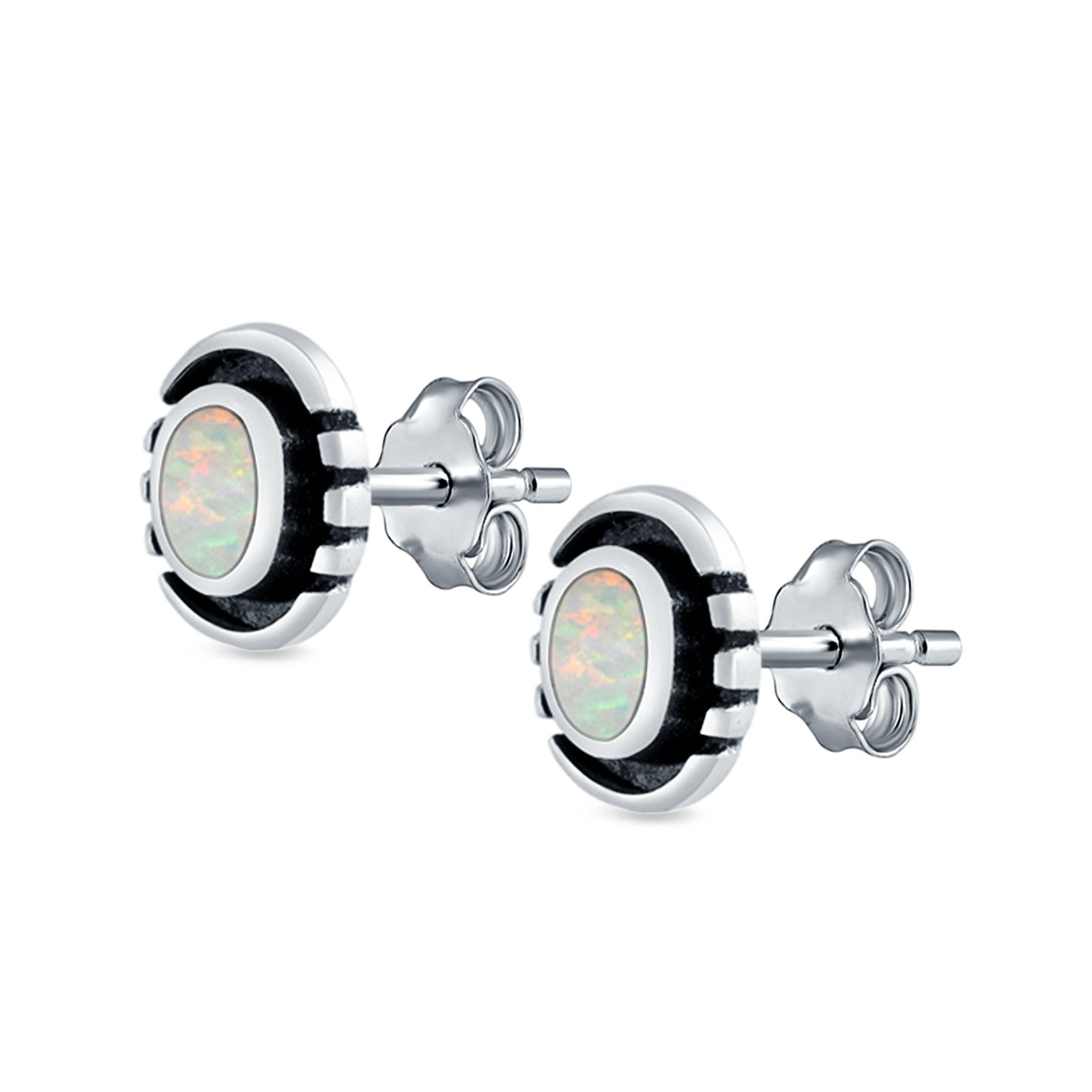 Oval Stud Earrings Lab Created Opal 925 Sterling Silver (8.5mm)