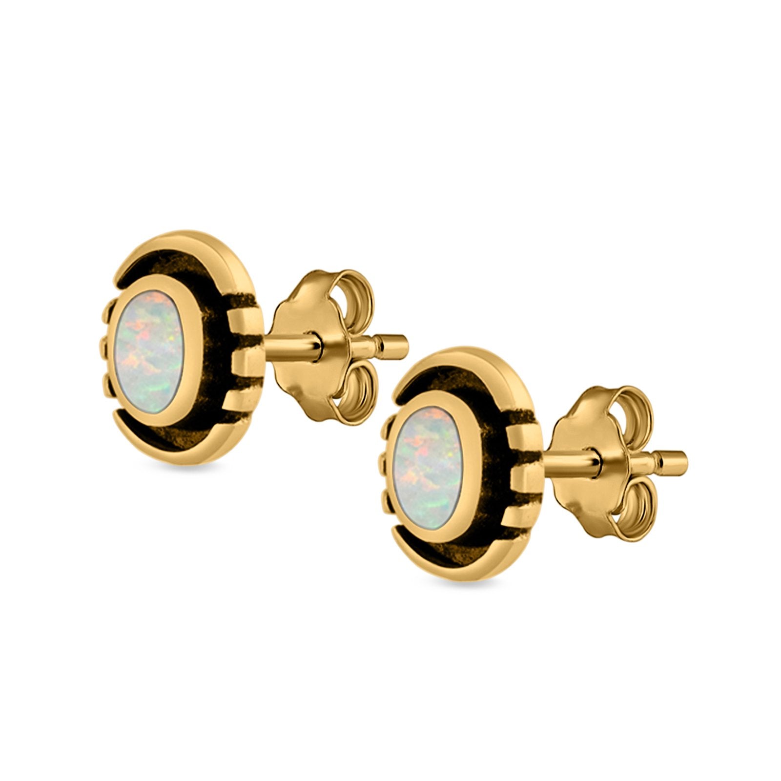 Oval Stud Earrings Lab Created Opal 925 Sterling Silver (8.5mm)