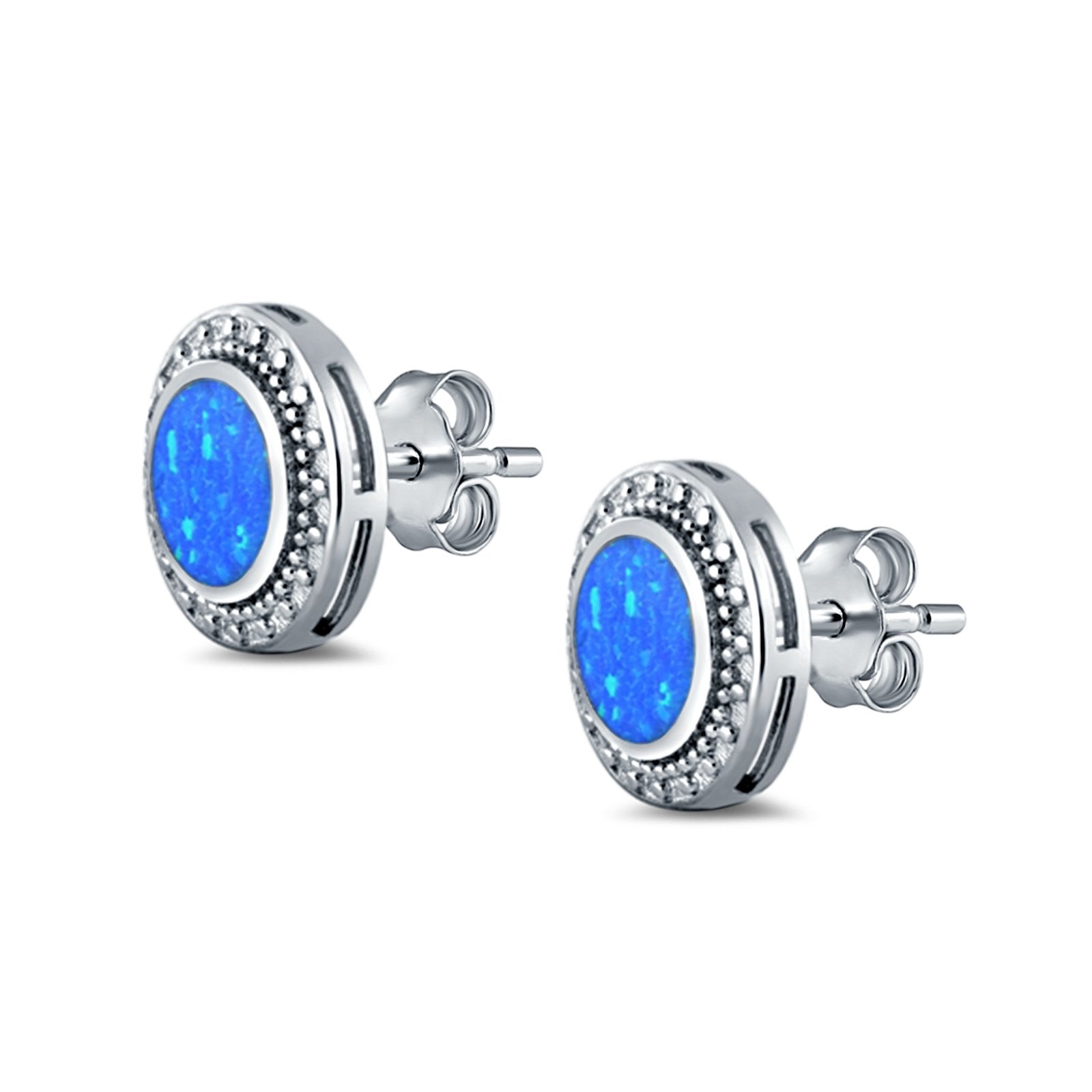 Round Stud Earrings Lab Created Opal 925 Sterling Silver (12mm)