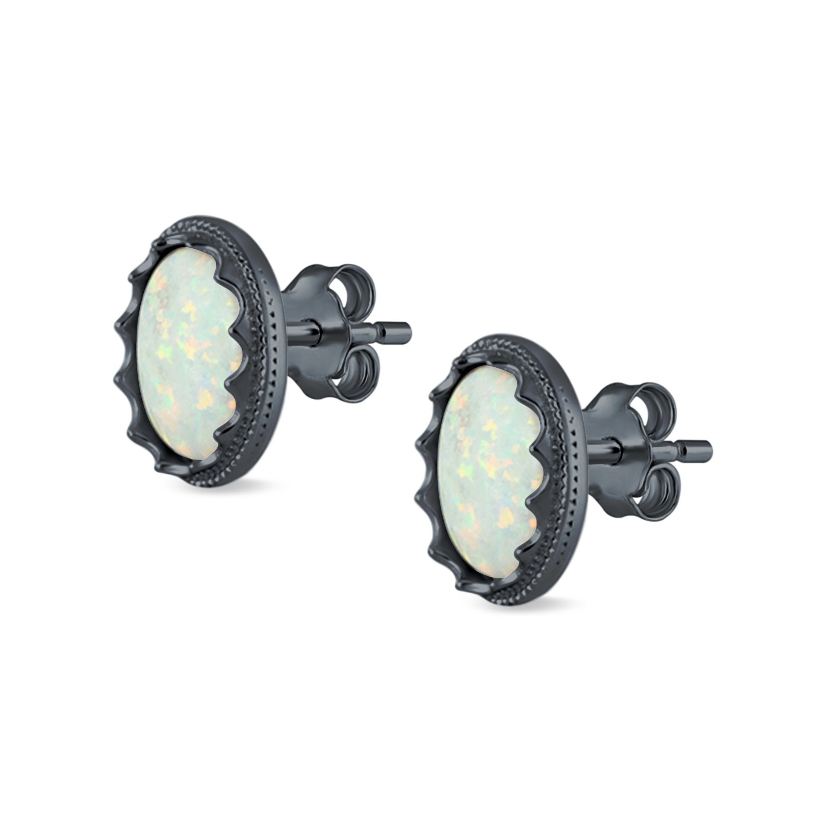 Oval Stud Earrings Lab Created Opal 925 Sterling Silver (12mm)