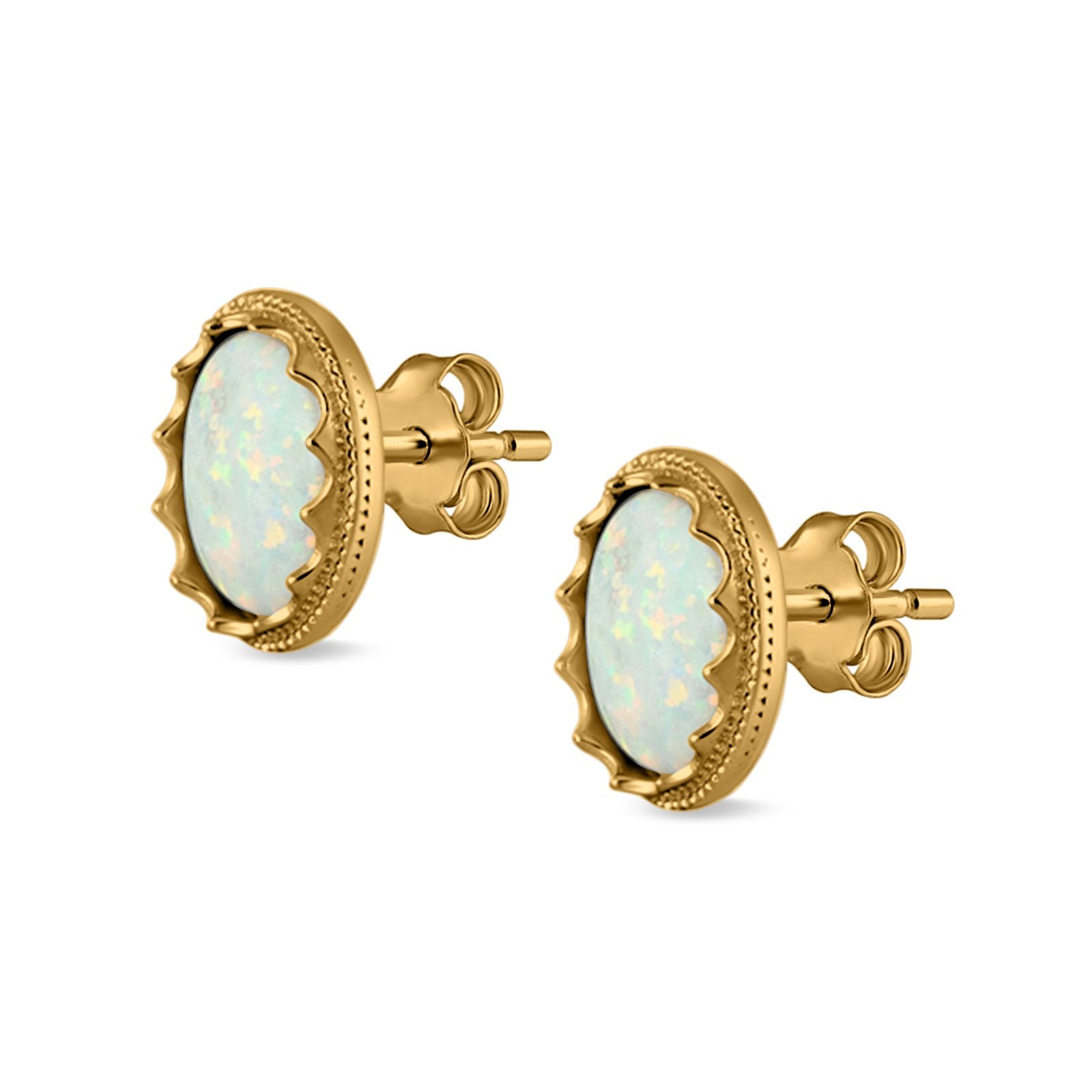 Oval Stud Earrings Lab Created Opal 925 Sterling Silver (12mm)