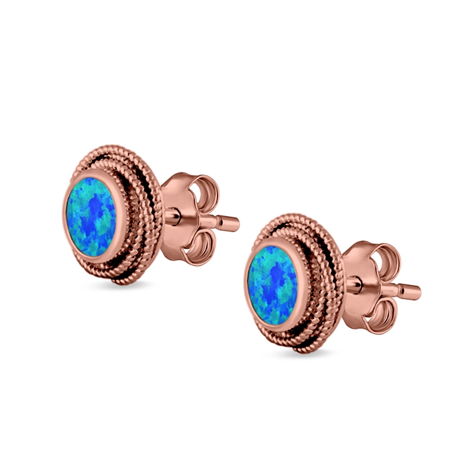 Round Rope Stud Earrings Lab Created Opal 925 Sterling Silver (10mm)
