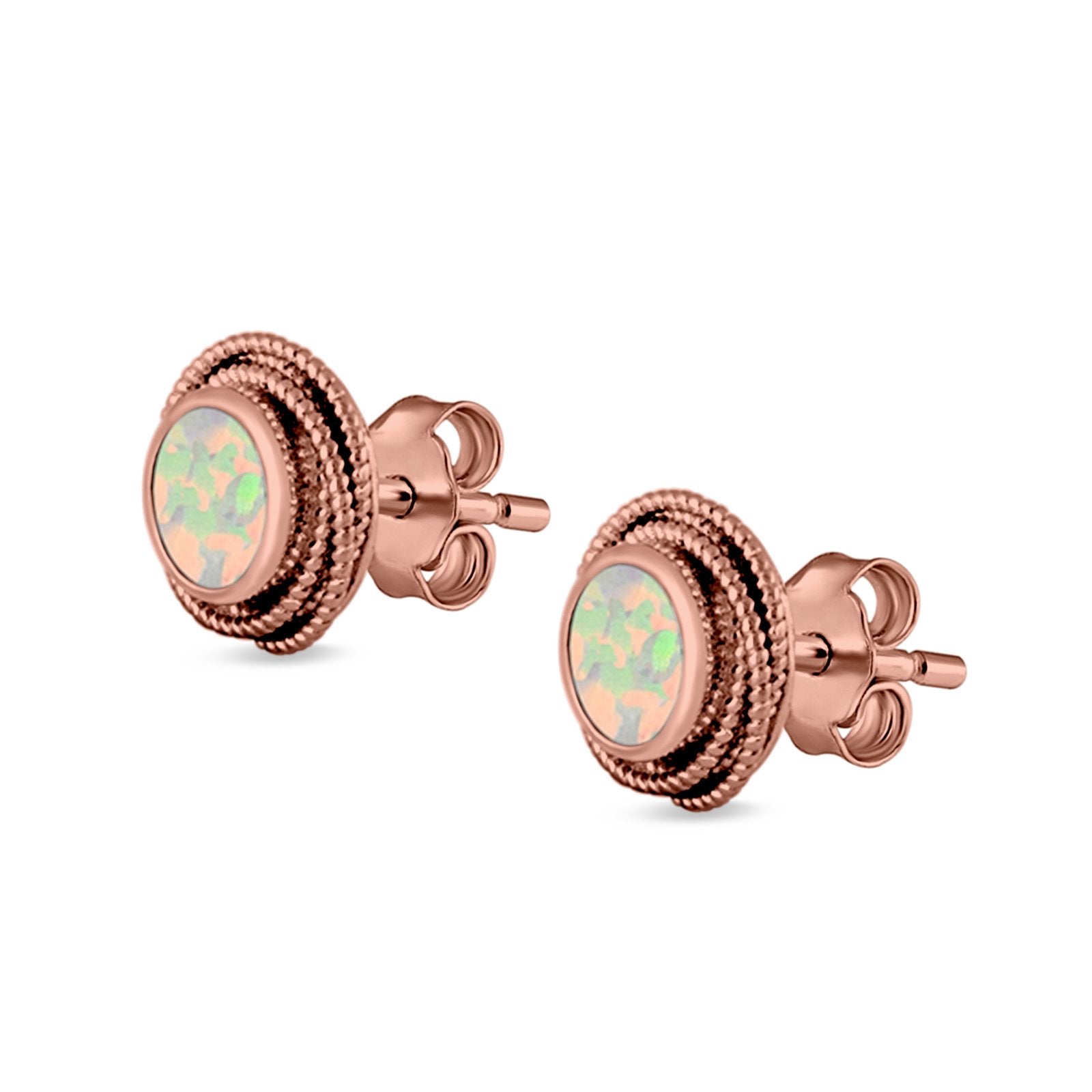 Round Rope Stud Earrings Lab Created Opal 925 Sterling Silver (10mm)