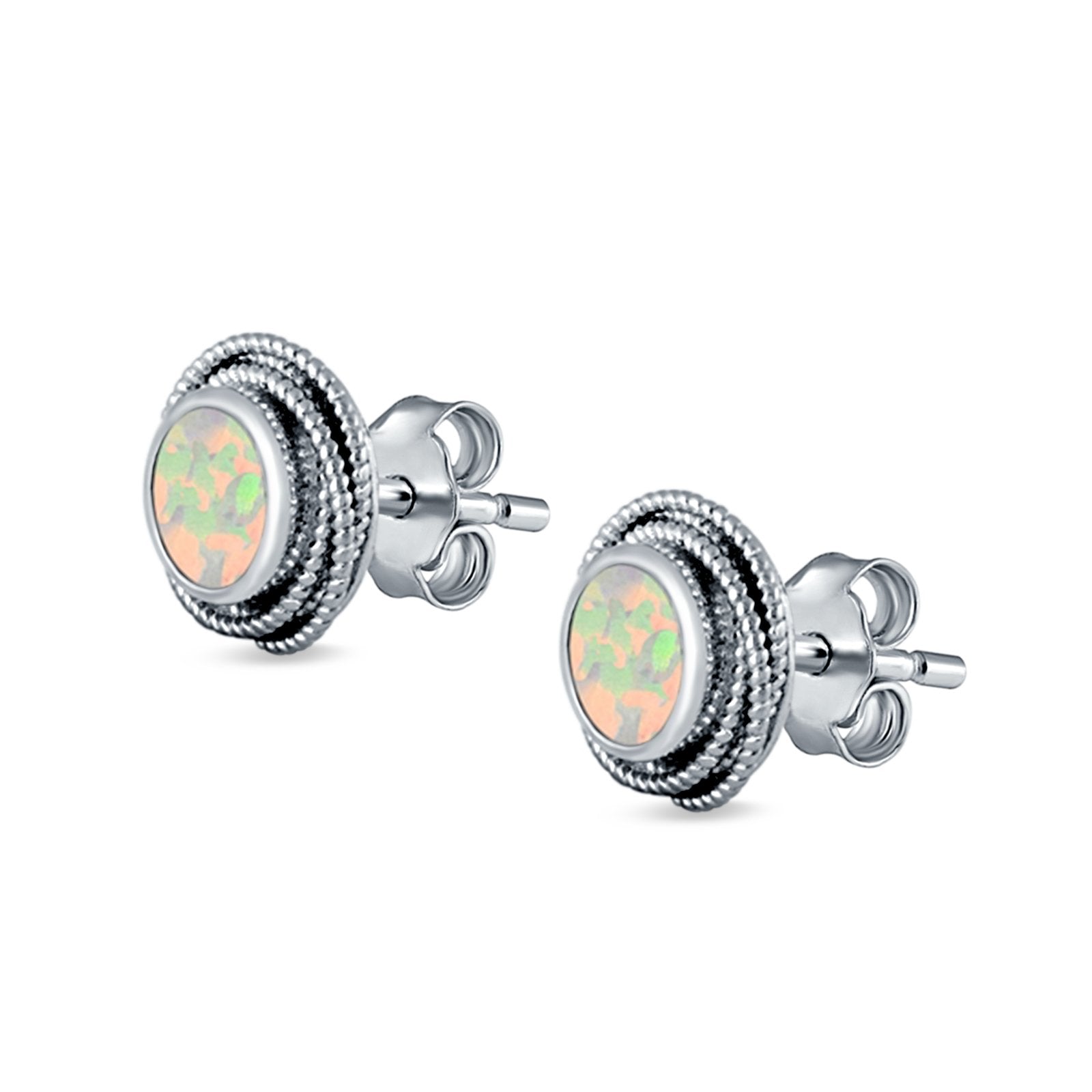 Round Rope Stud Earrings Lab Created Opal 925 Sterling Silver (10mm)