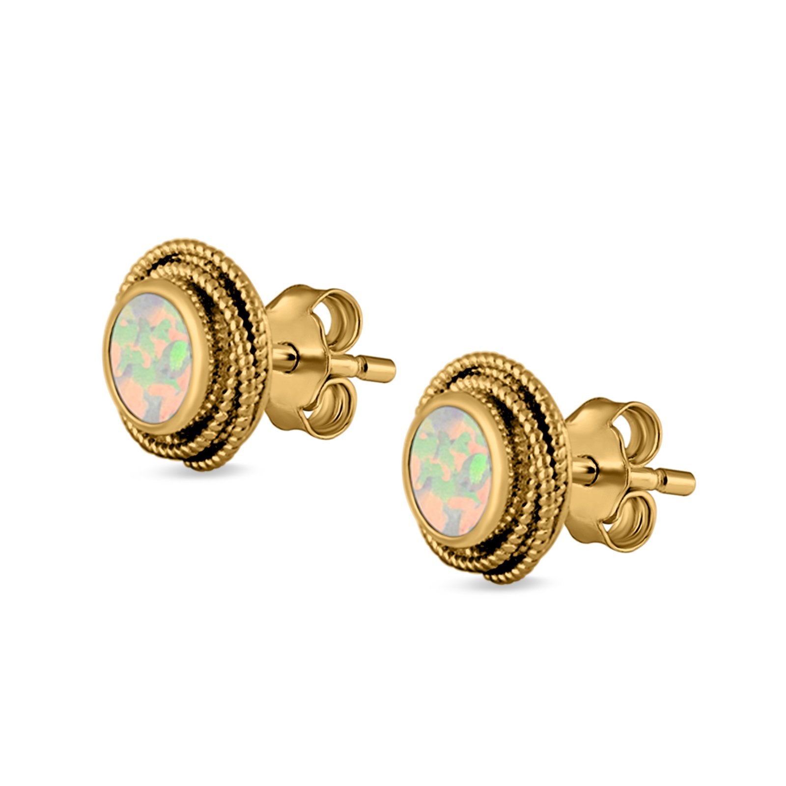 Round Rope Stud Earrings Lab Created Opal 925 Sterling Silver (10mm)