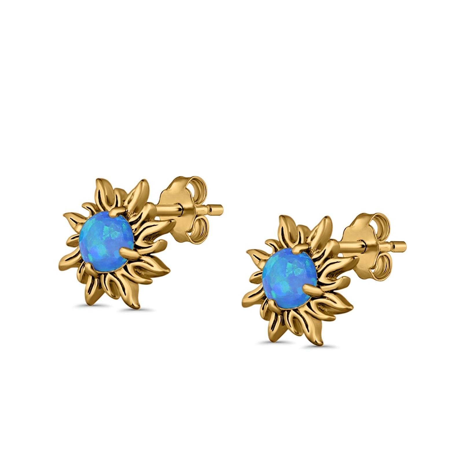 Sun Stud Earrings Lab Created Opal 925 Sterling Silver (14mm)