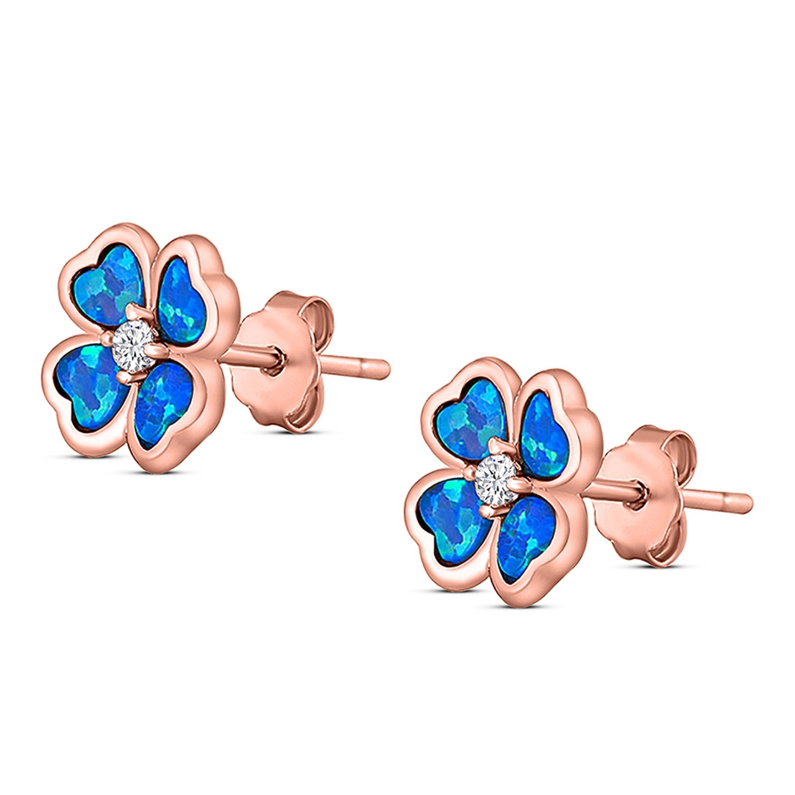 Plumeria Stud Earring Simulated Cubic Zirconia Created Opal Solid 925 Sterling Silver (9mm)